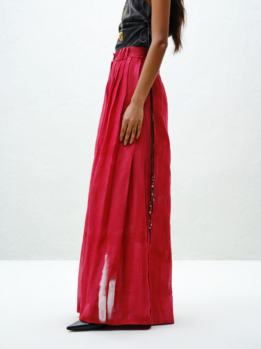 Red Pleated Silk Pants