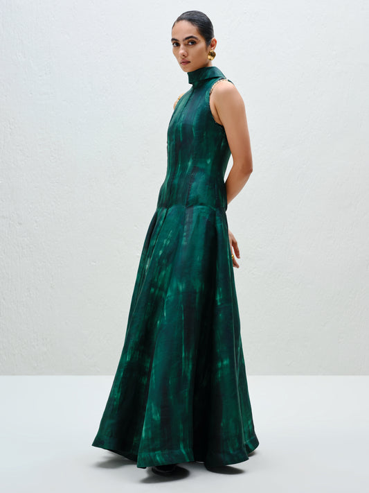 Hand-Painted Teal Long Halter Dress