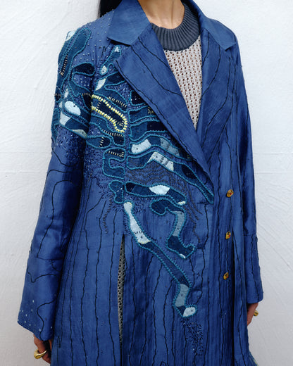 Elegant blue silk wrap coat in slow fashion luxury by Dulari