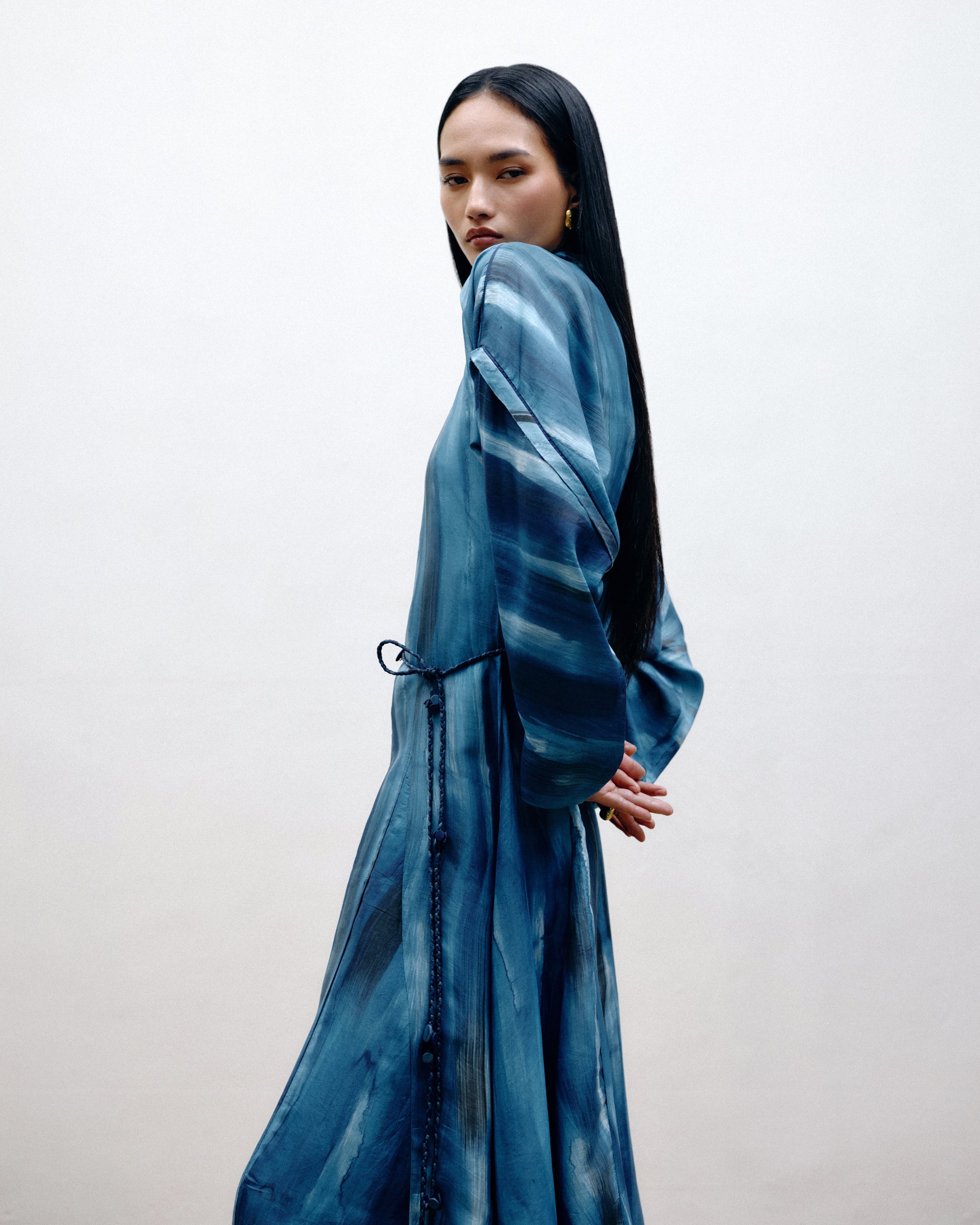 Artistic hand painted silk dress in slow fashion womenswear by Dulari