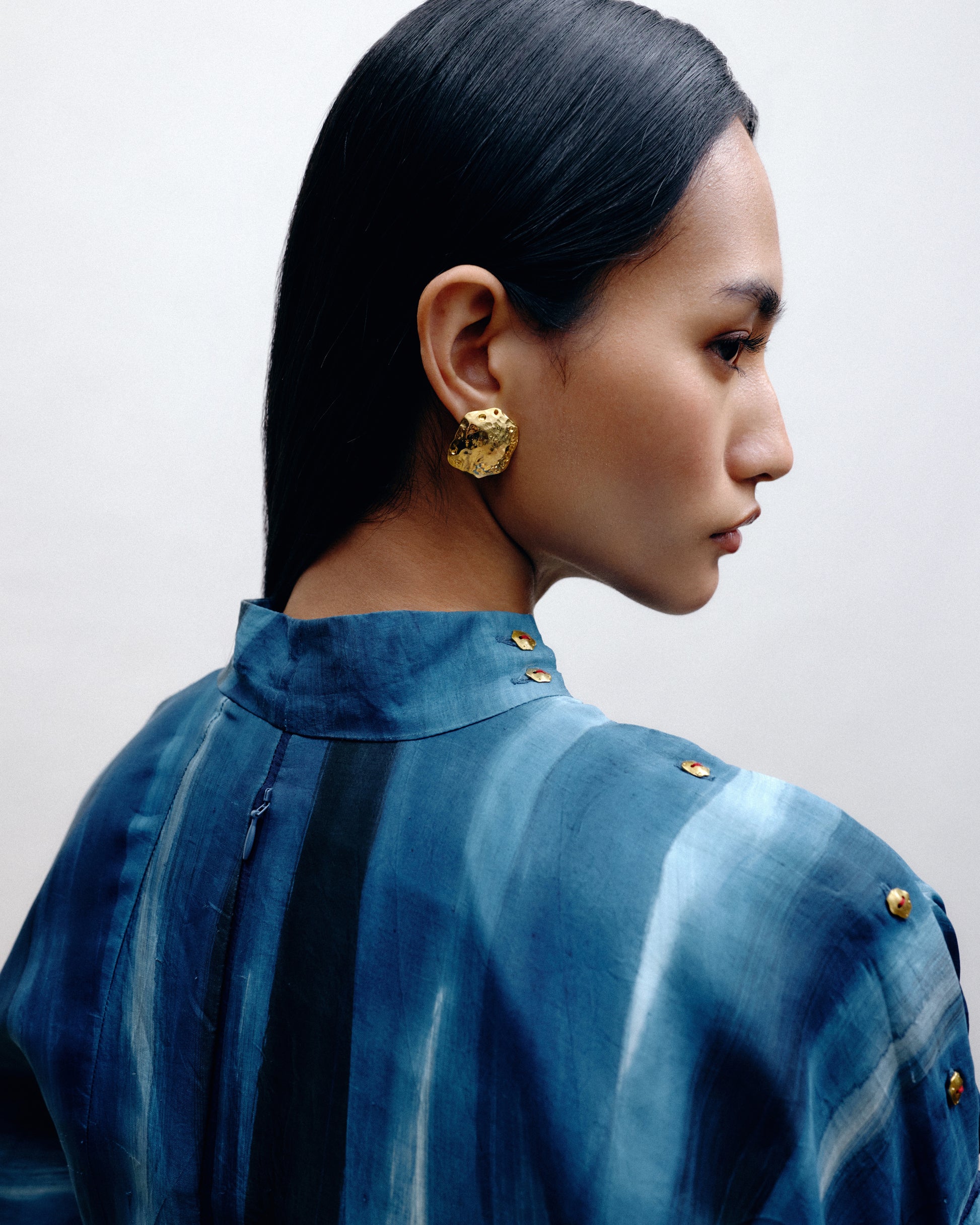 Elegant blue silk dress in collectible designer fashion by Dulari
