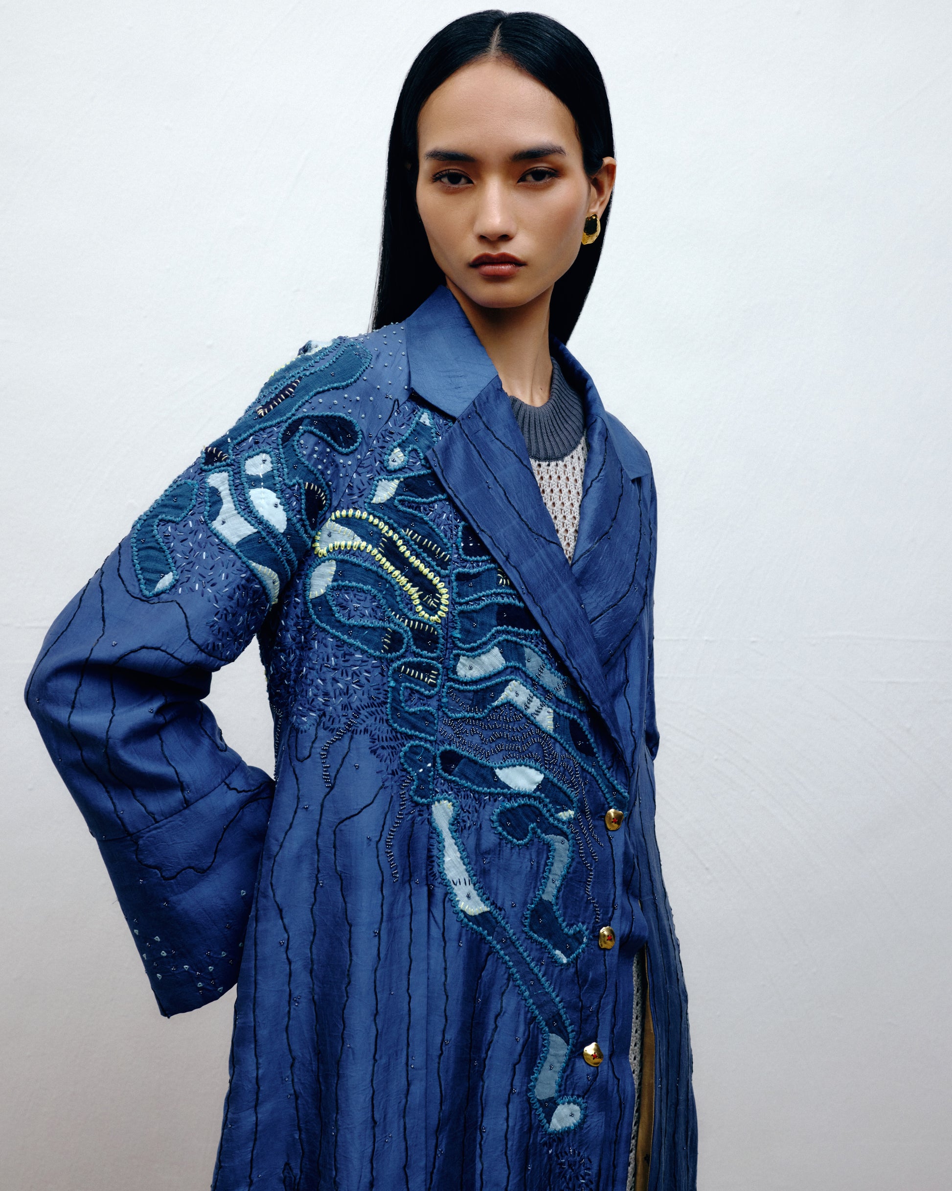 Handwoven silk longline jacket luxury designer outerwear by Dulari