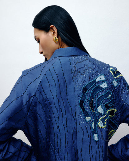 Hand embroidered silk jacket with metallic pitta work by Dulari