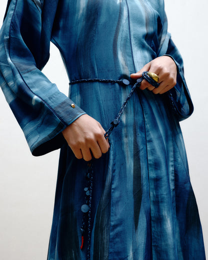 Luxury handcrafted silk garment with fluid silhouette by Dulari