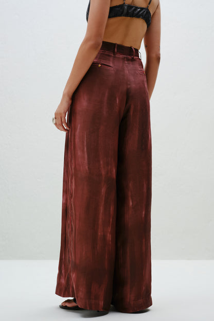 Brown Pleated Silk Pants