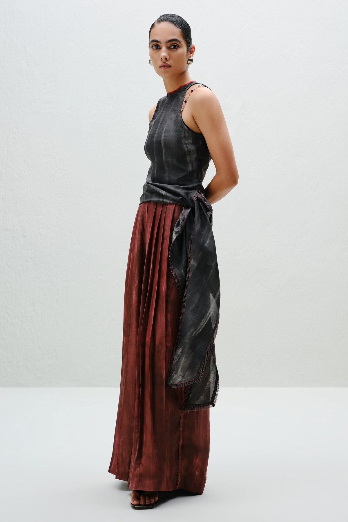 Brown Pleated Silk Pants