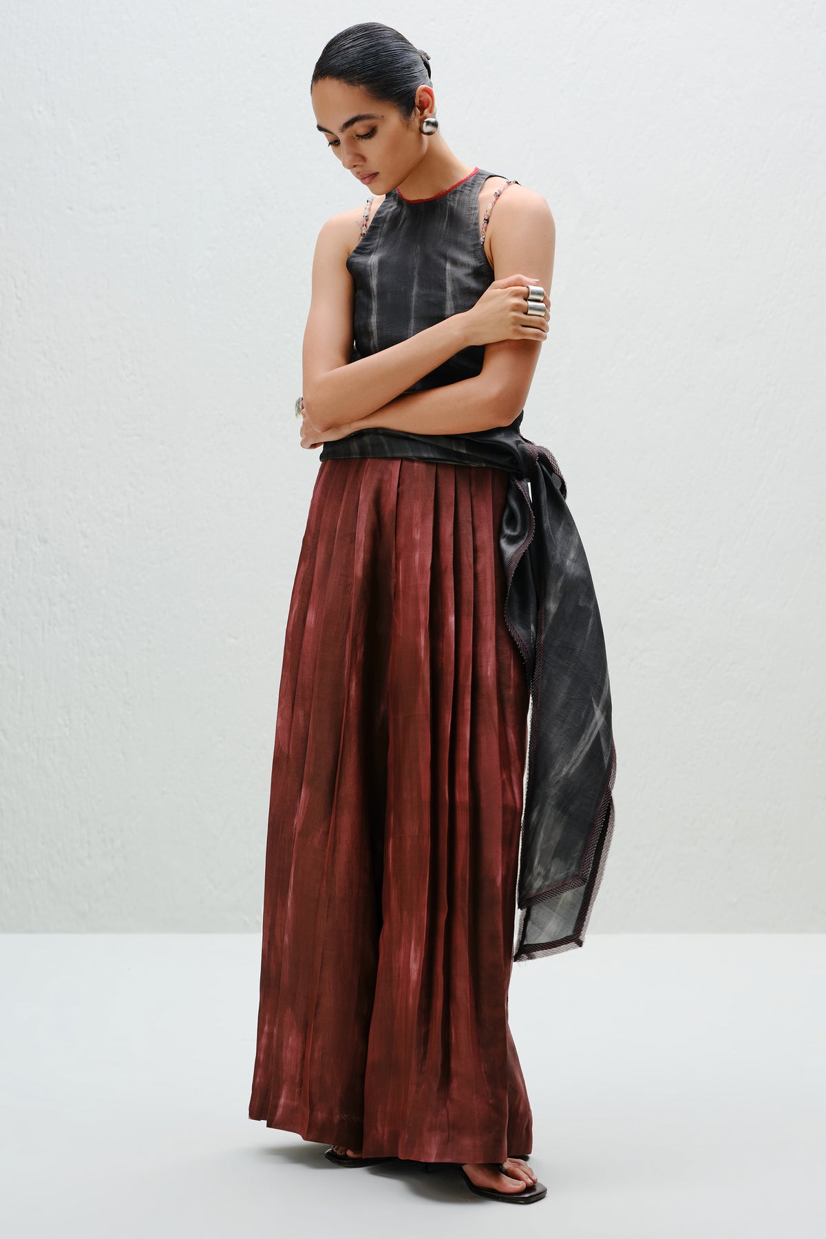Brown Pleated Silk Pants