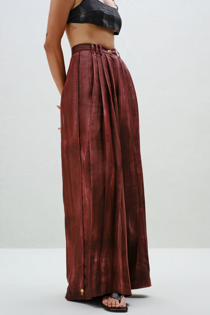 Brown Pleated Silk Pants