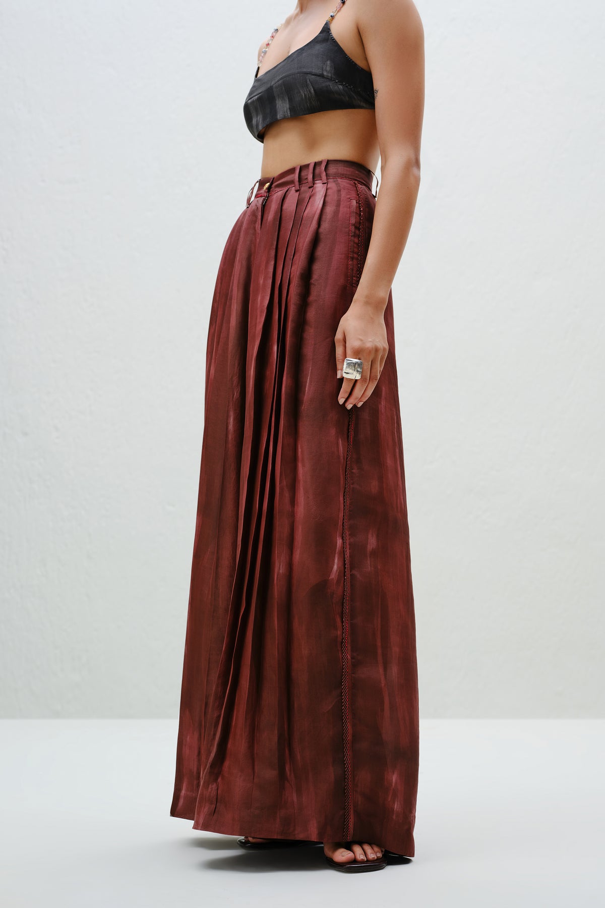 Brown Pleated Silk Pants