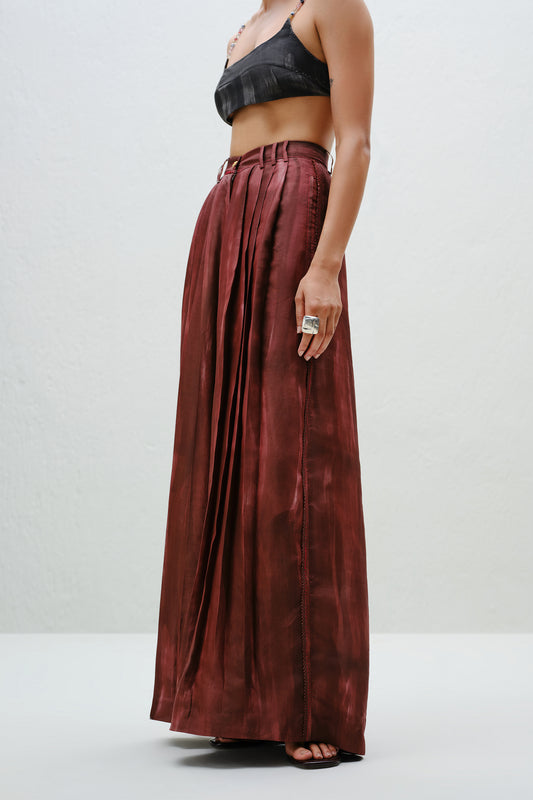 Brown Pleated Silk Pants
