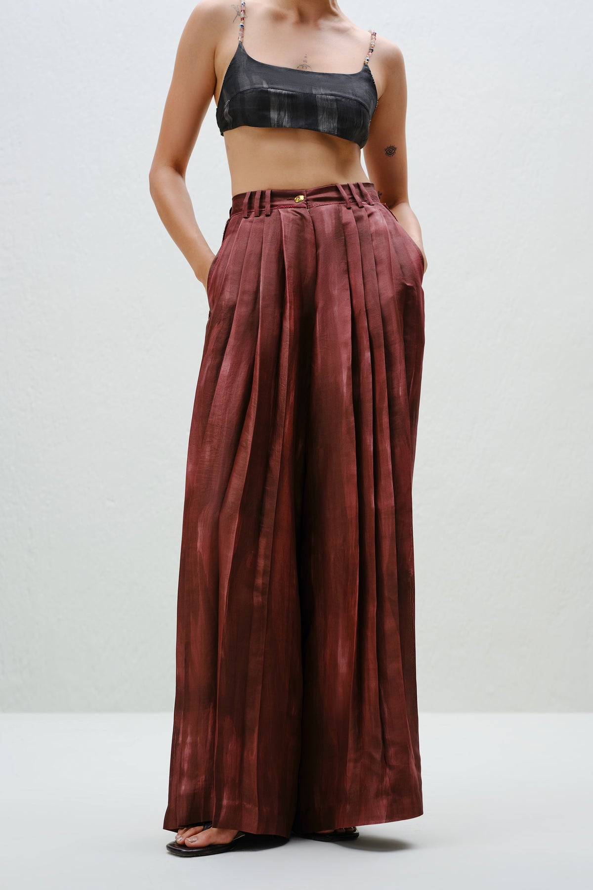 Brown Pleated Silk Pants