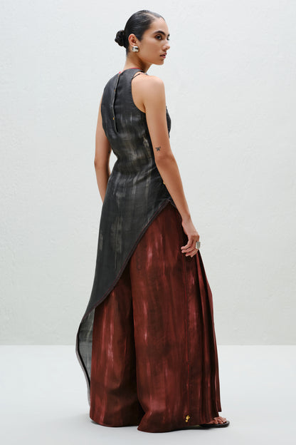 Brown Pleated Silk Pants