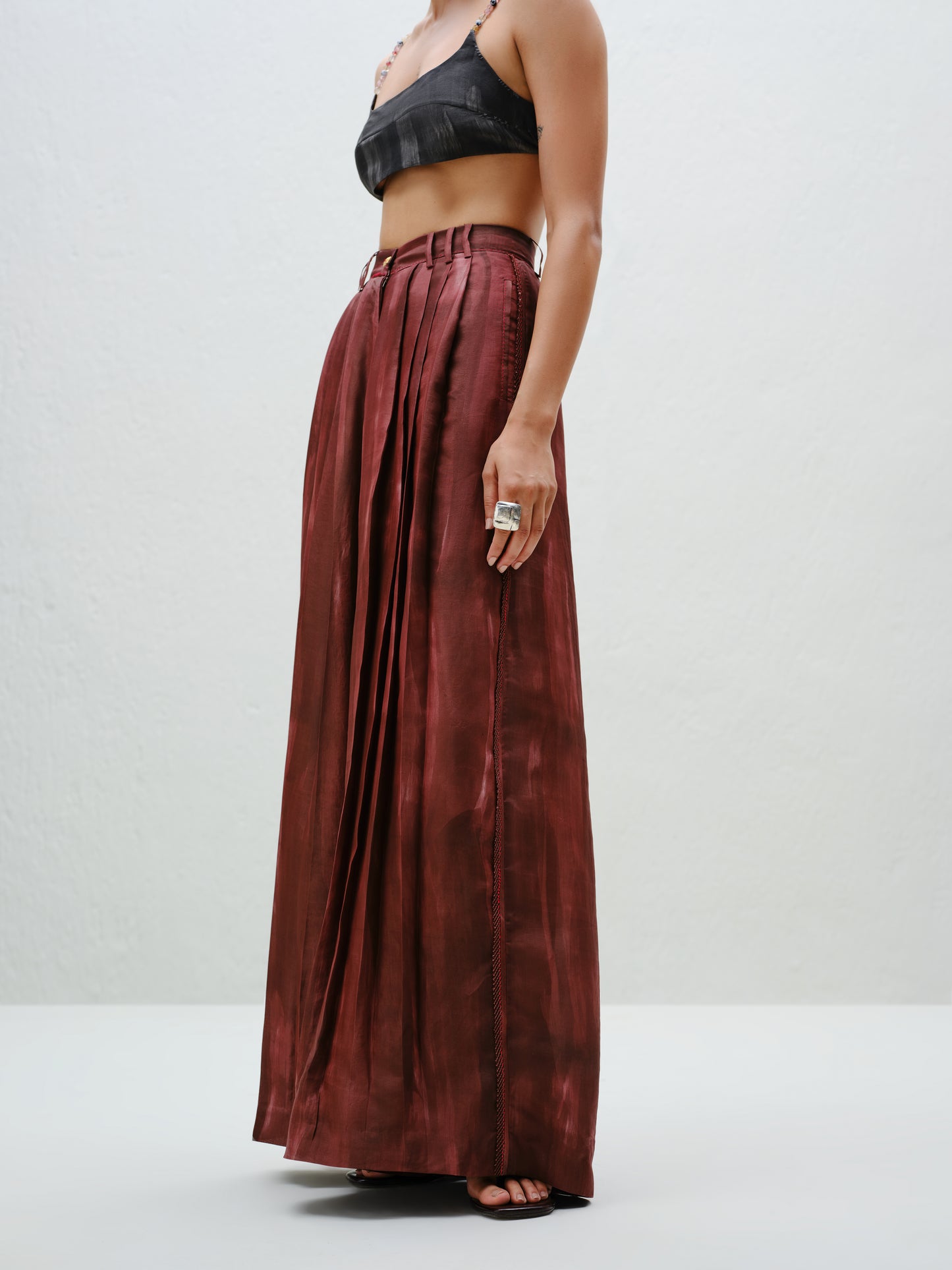 Brown Pleated Silk Pants