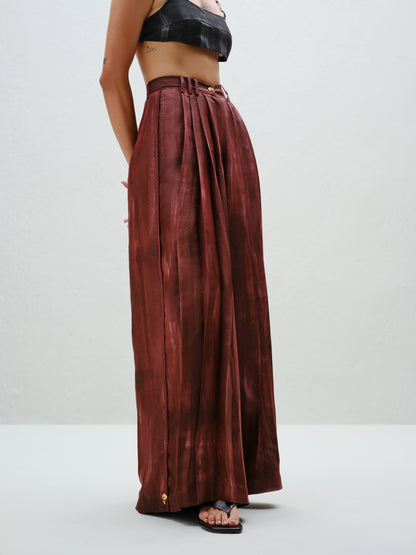 Brown Pleated Silk Pants