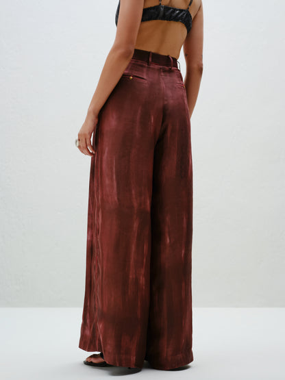 Brown Pleated Silk Pants