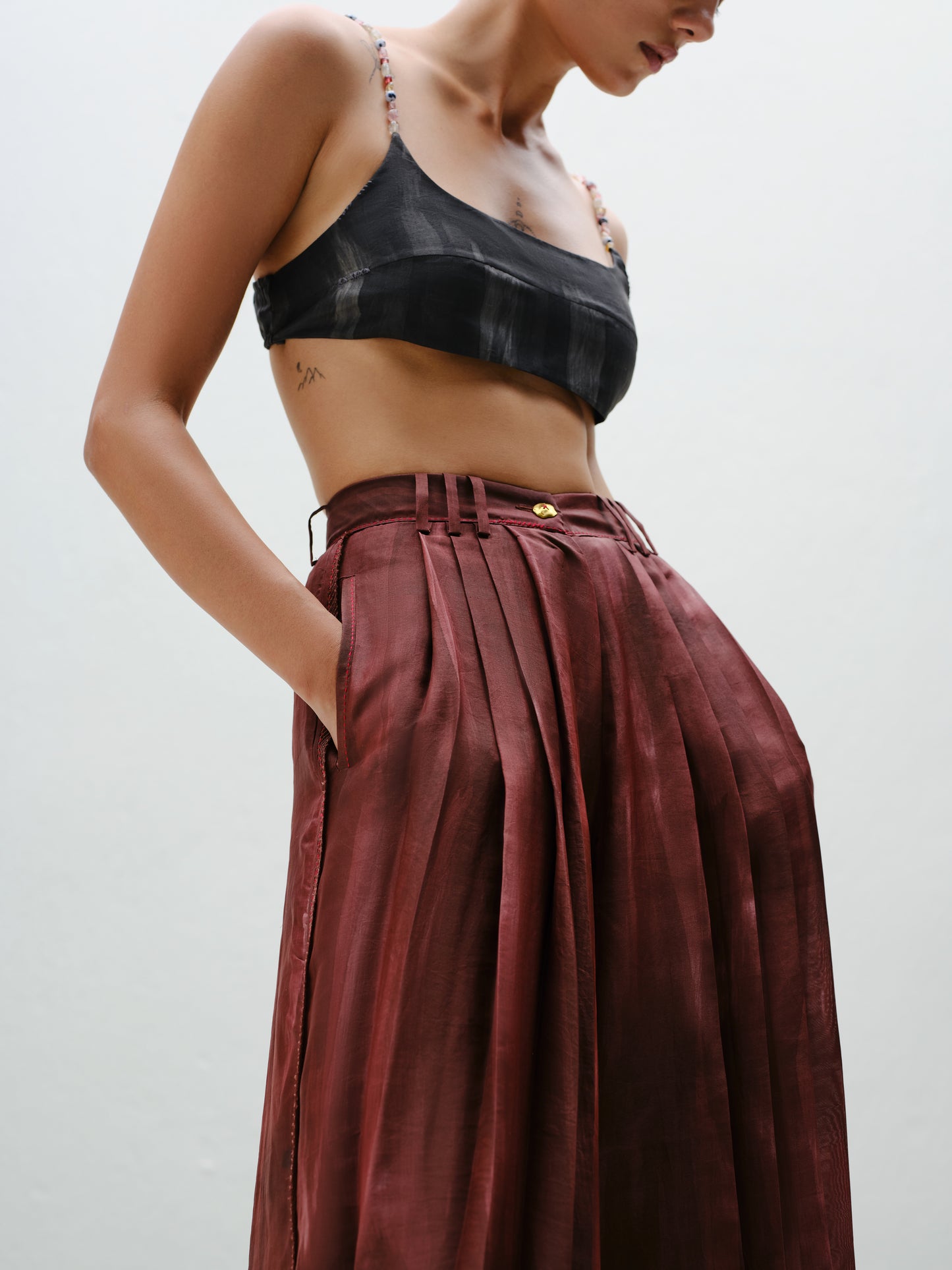 Brown Pleated Silk Pants