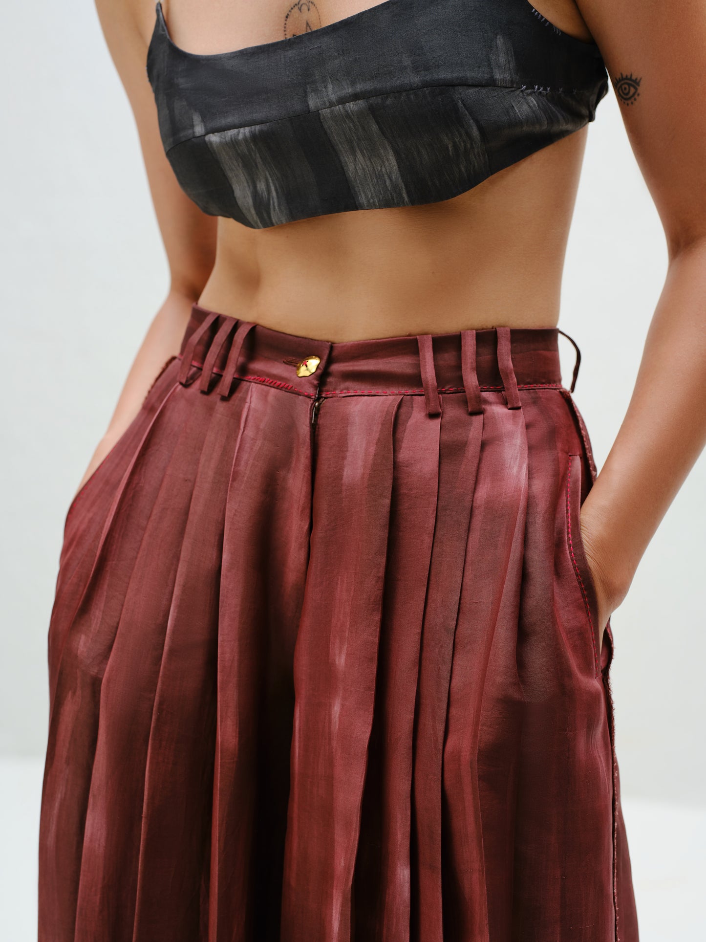 Brown Pleated Silk Pants