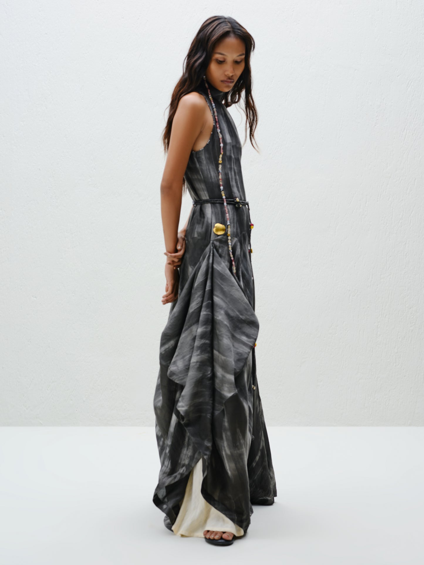Hand-Painted Charcoal Long Halter Dress