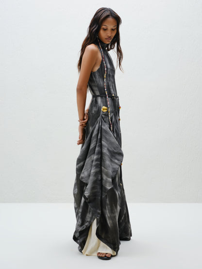 Hand-Painted Charcoal Long Halter Dress
