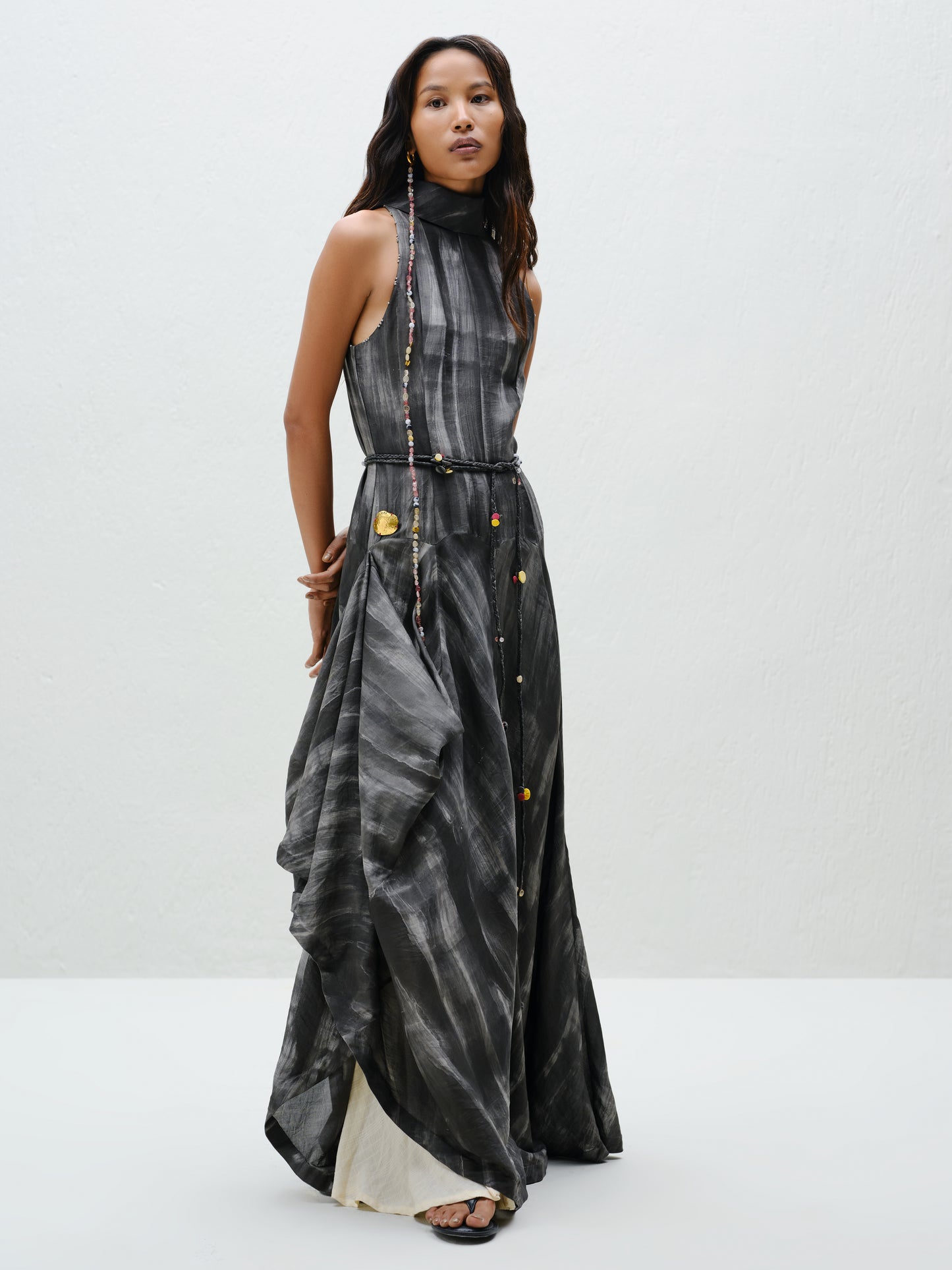 Hand-Painted Charcoal Long Halter Dress