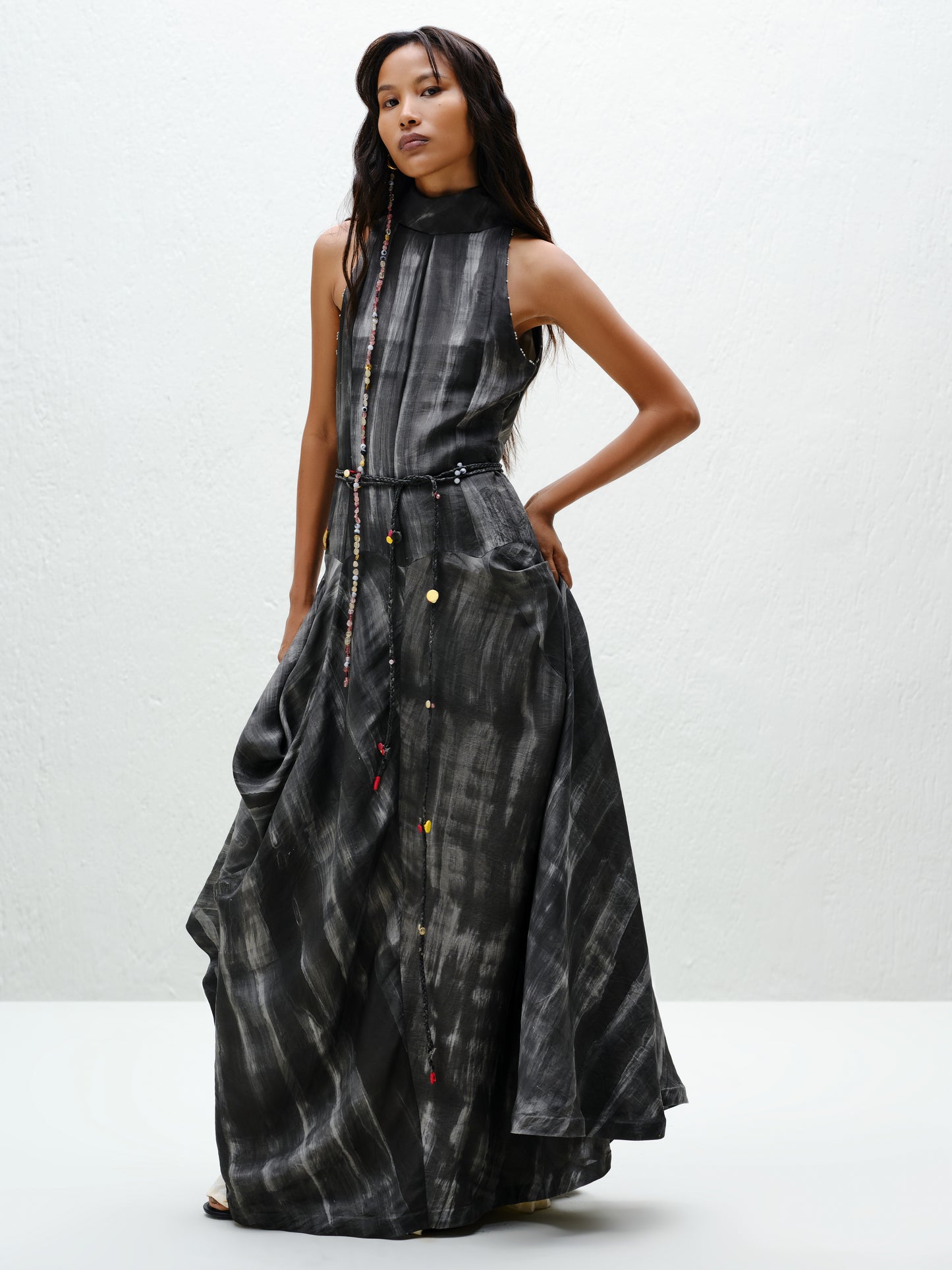 Hand-Painted Charcoal Long Halter Dress