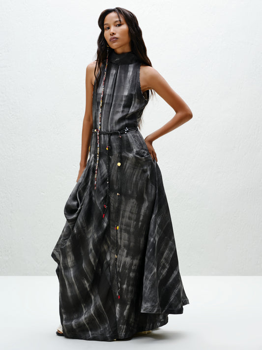 Hand-Painted Charcoal Long Halter Dress