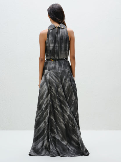 Hand-Painted Charcoal Long Halter Dress