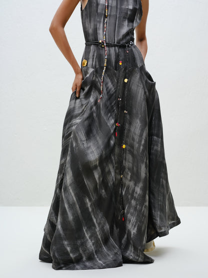 Hand-Painted Charcoal Long Halter Dress