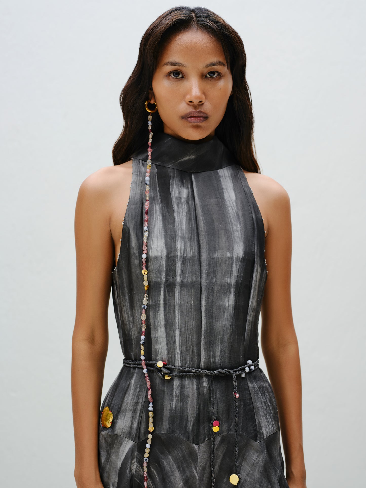 Hand-Painted Charcoal Long Halter Dress