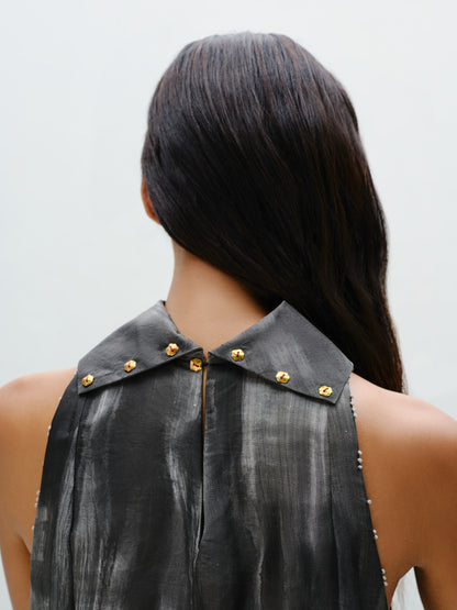Hand-Painted Charcoal Long Halter Dress