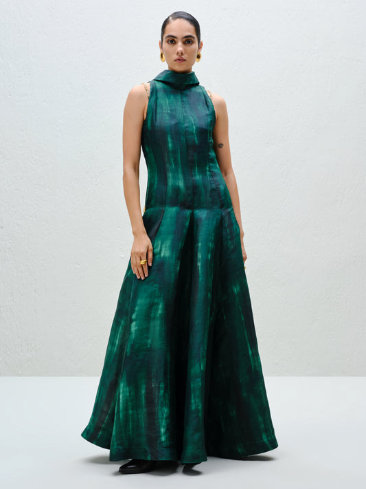 Hand-Painted Teal Long Halter Dress
