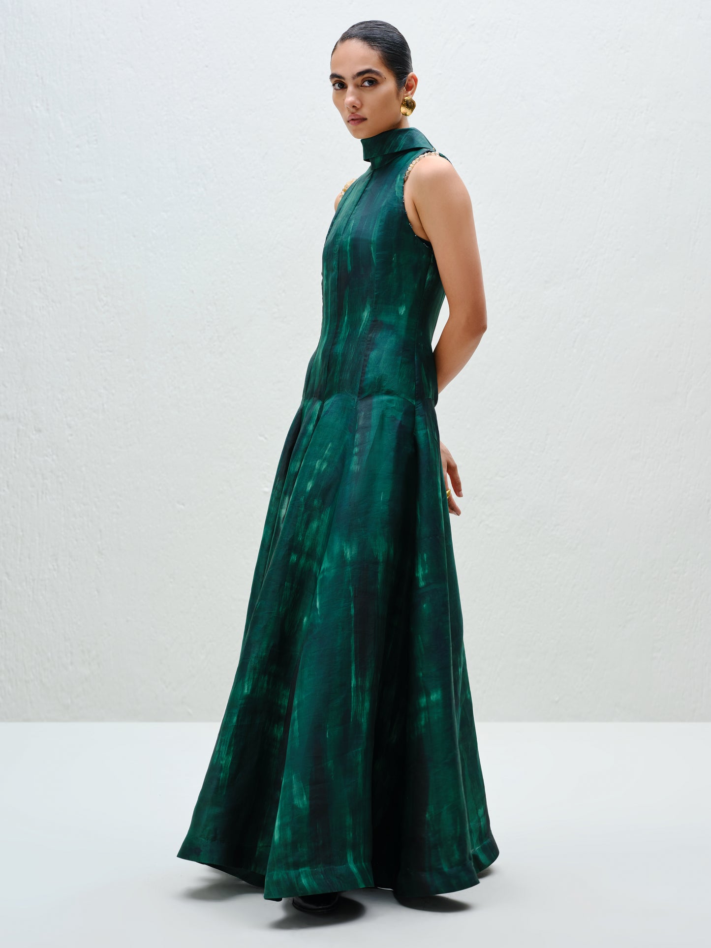 Hand-Painted Teal Long Halter Dress
