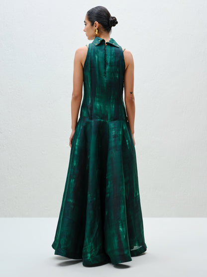 Hand-Painted Teal Long Halter Dress