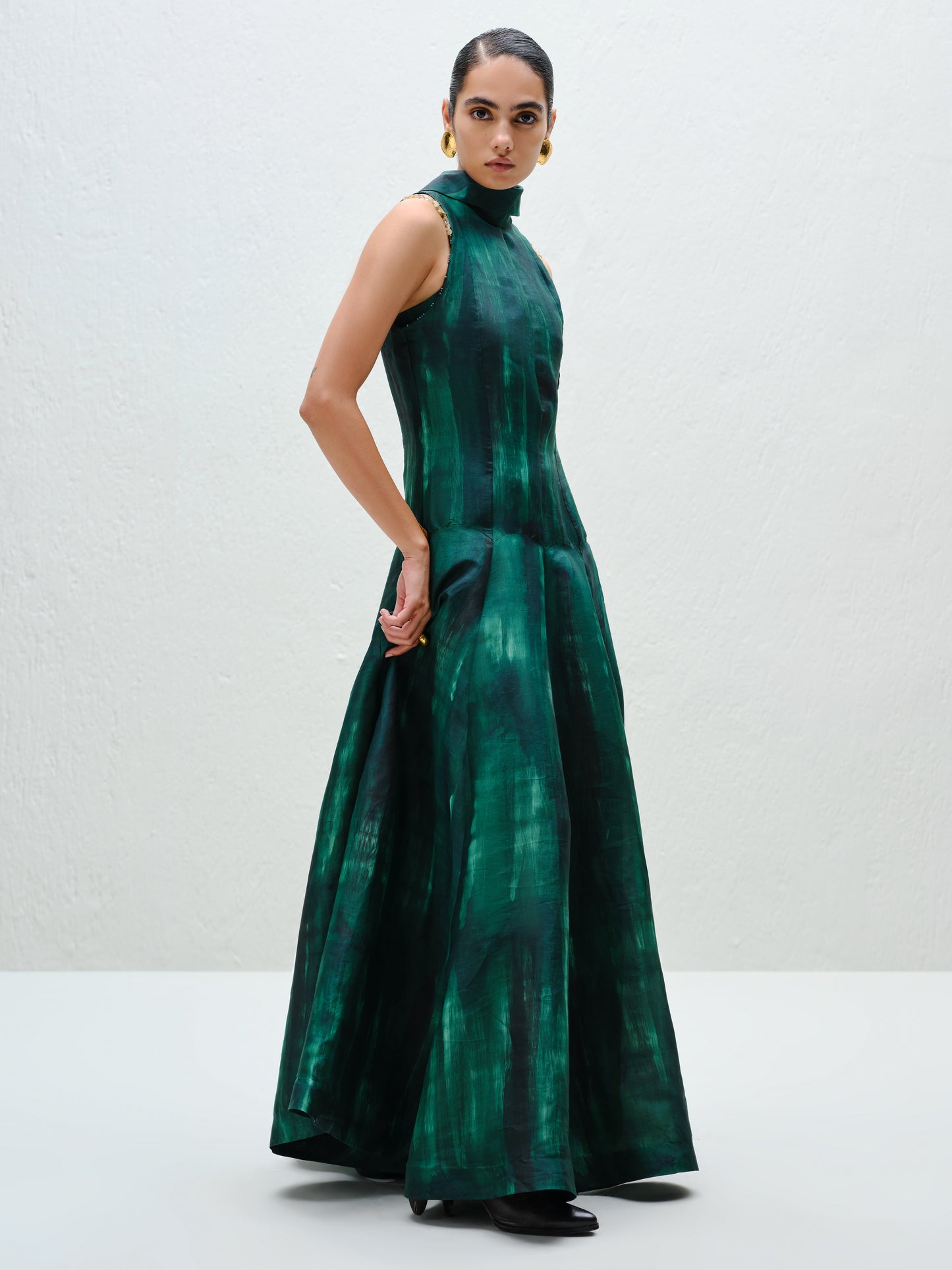 Hand-Painted Teal Long Halter Dress