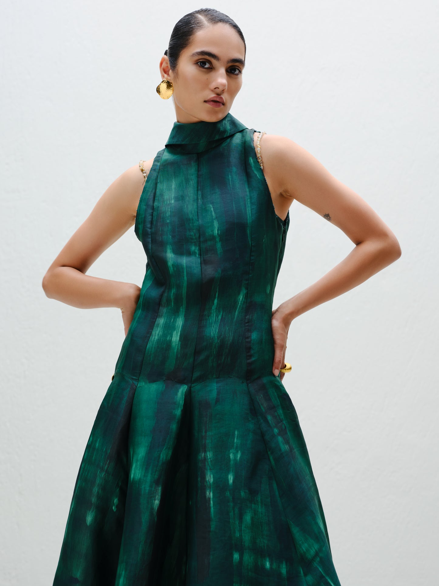 Hand-Painted Teal Long Halter Dress