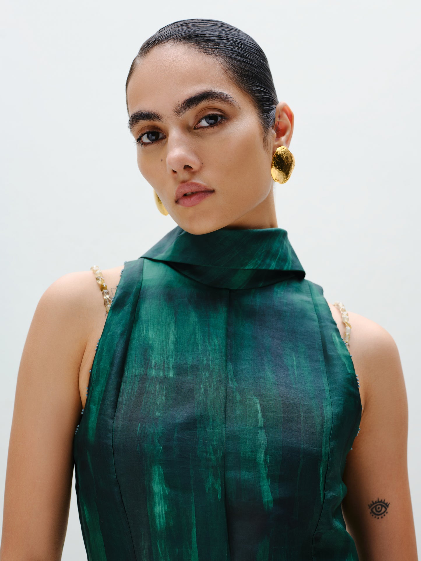 Hand-Painted Teal Long Halter Dress