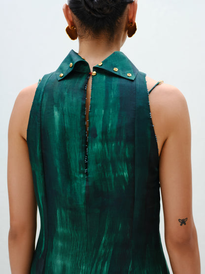Hand-Painted Teal Long Halter Dress