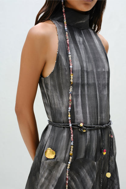 Hand-Painted Charcoal Long Halter Dress