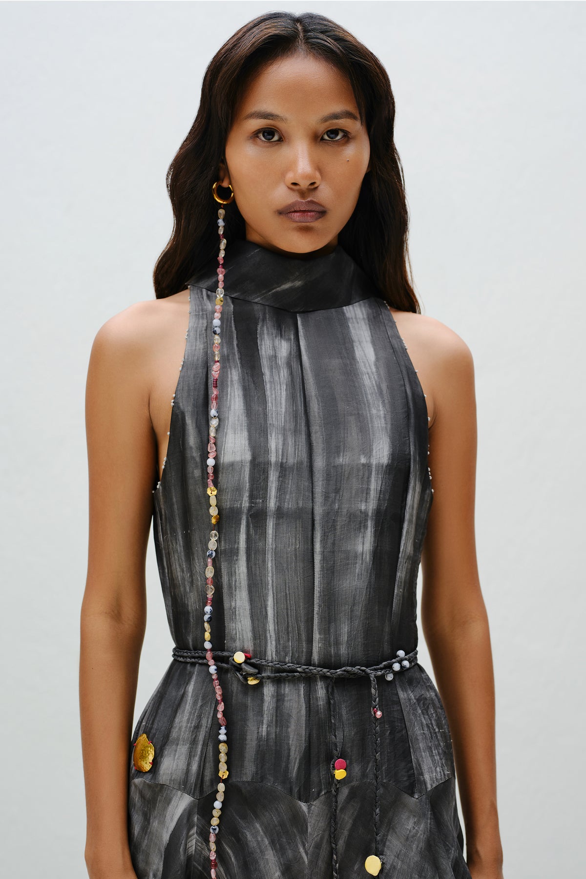 Hand-Painted Charcoal Long Halter Dress