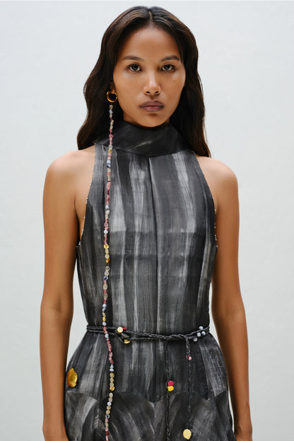 Hand-Painted Charcoal Long Halter Dress