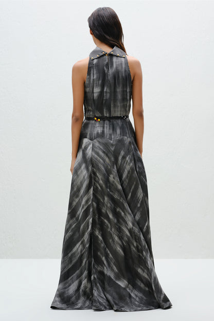 Hand-Painted Charcoal Long Halter Dress