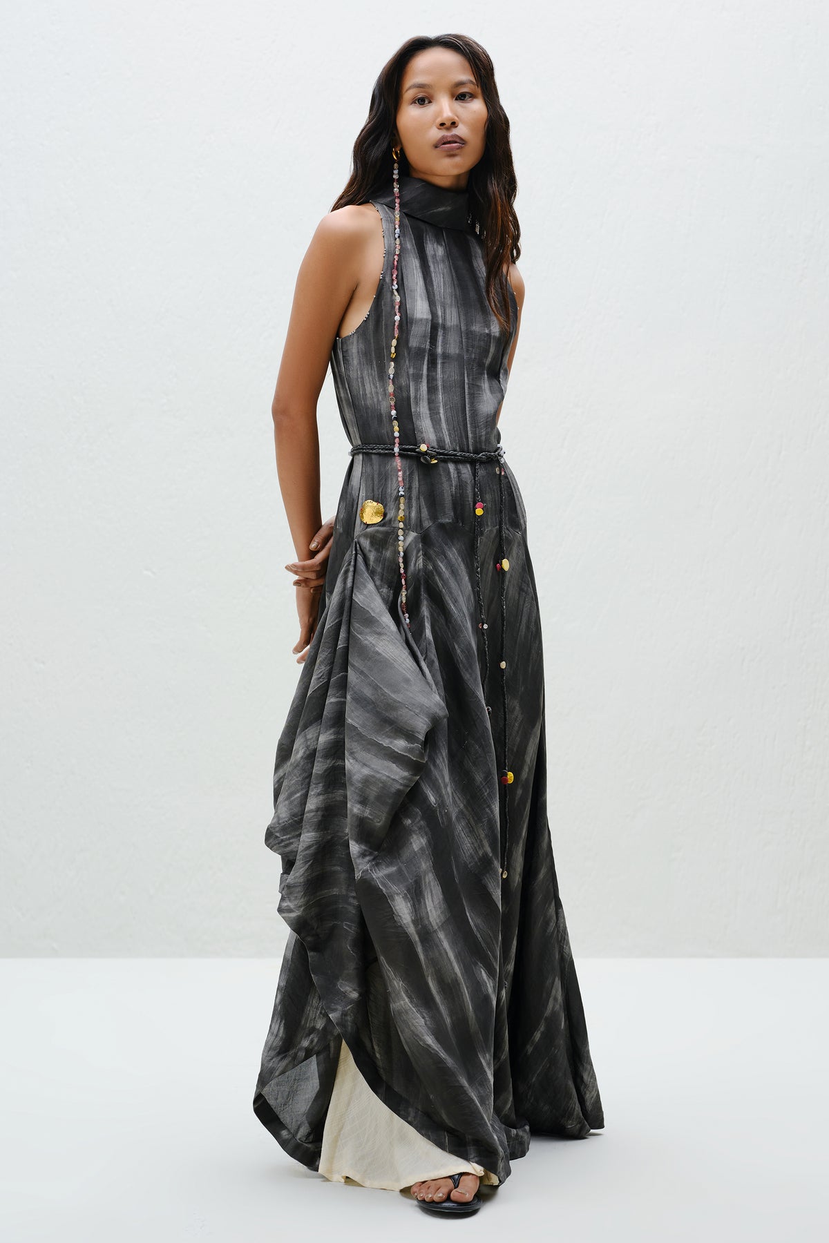 Hand-Painted Charcoal Long Halter Dress