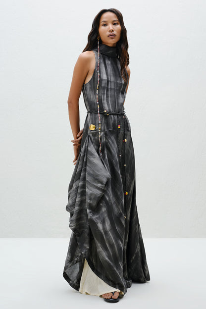 Hand-Painted Charcoal Long Halter Dress