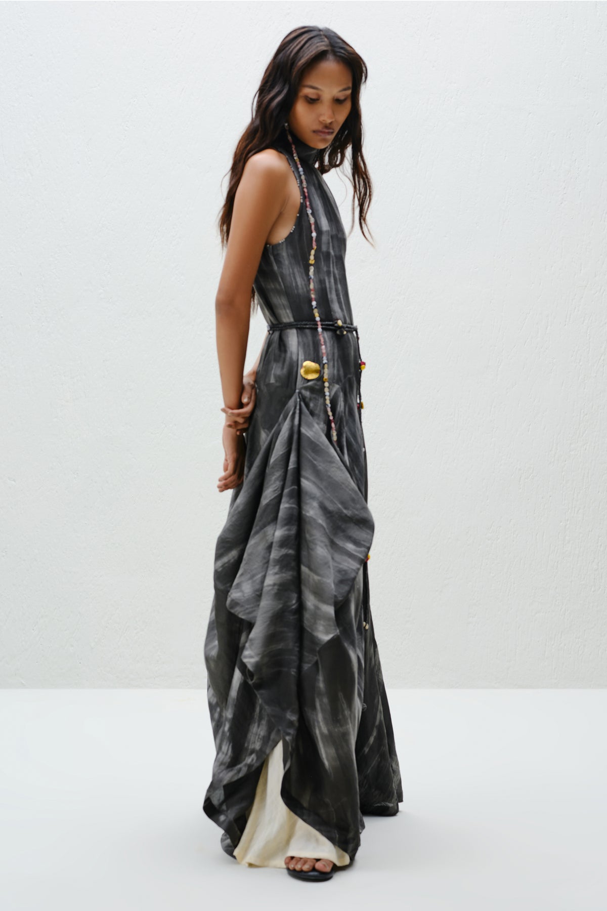 Hand-Painted Charcoal Long Halter Dress