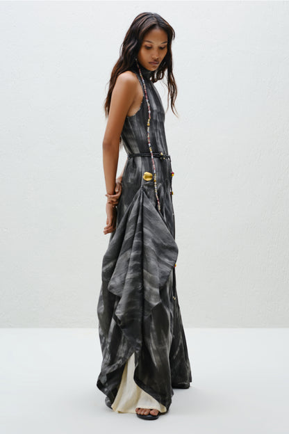 Hand-Painted Charcoal Long Halter Dress