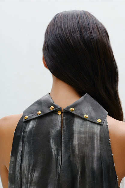 Hand-Painted Charcoal Long Halter Dress