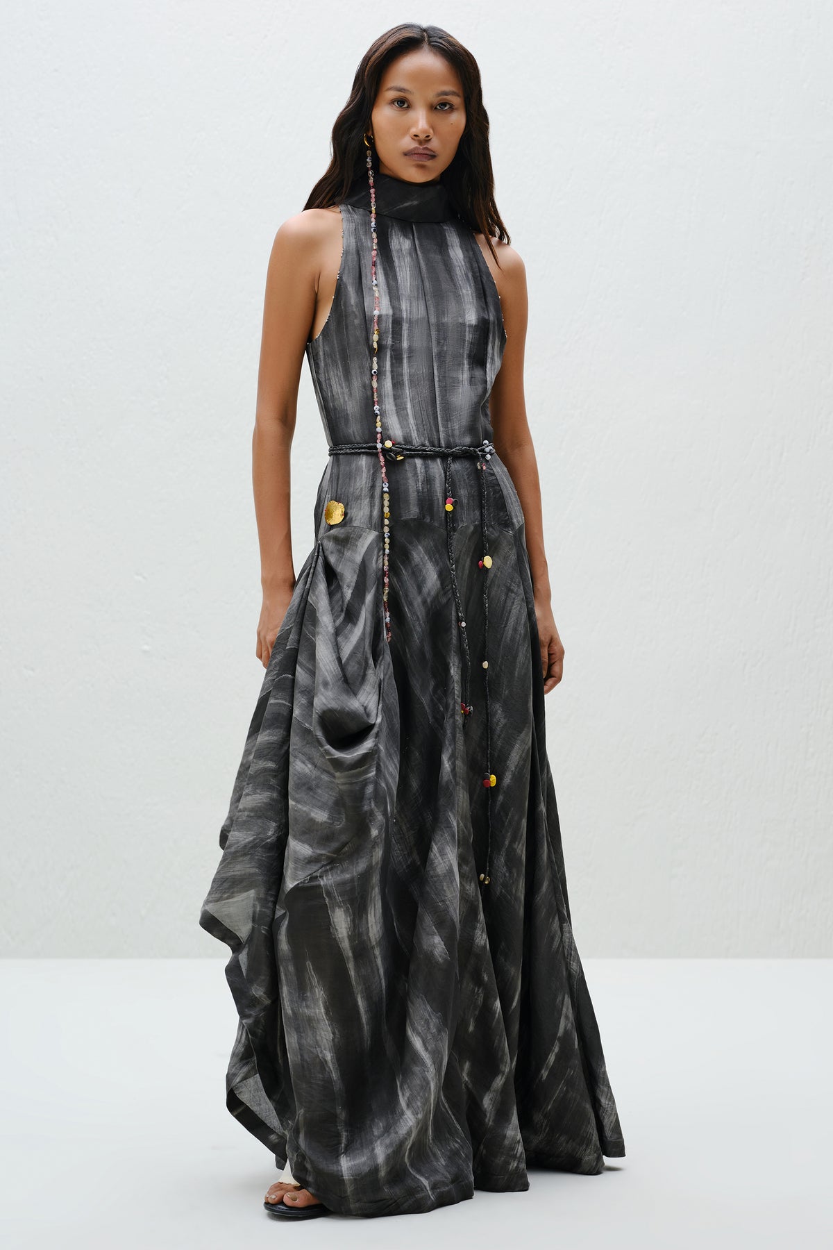 Hand-Painted Charcoal Long Halter Dress