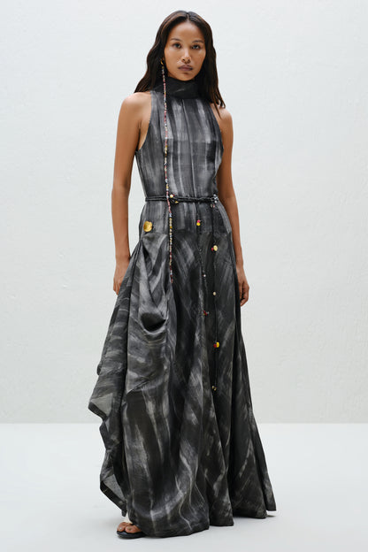 Hand-Painted Charcoal Long Halter Dress