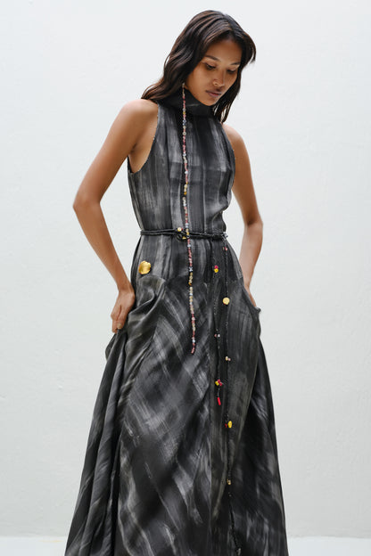 Hand-Painted Charcoal Long Halter Dress