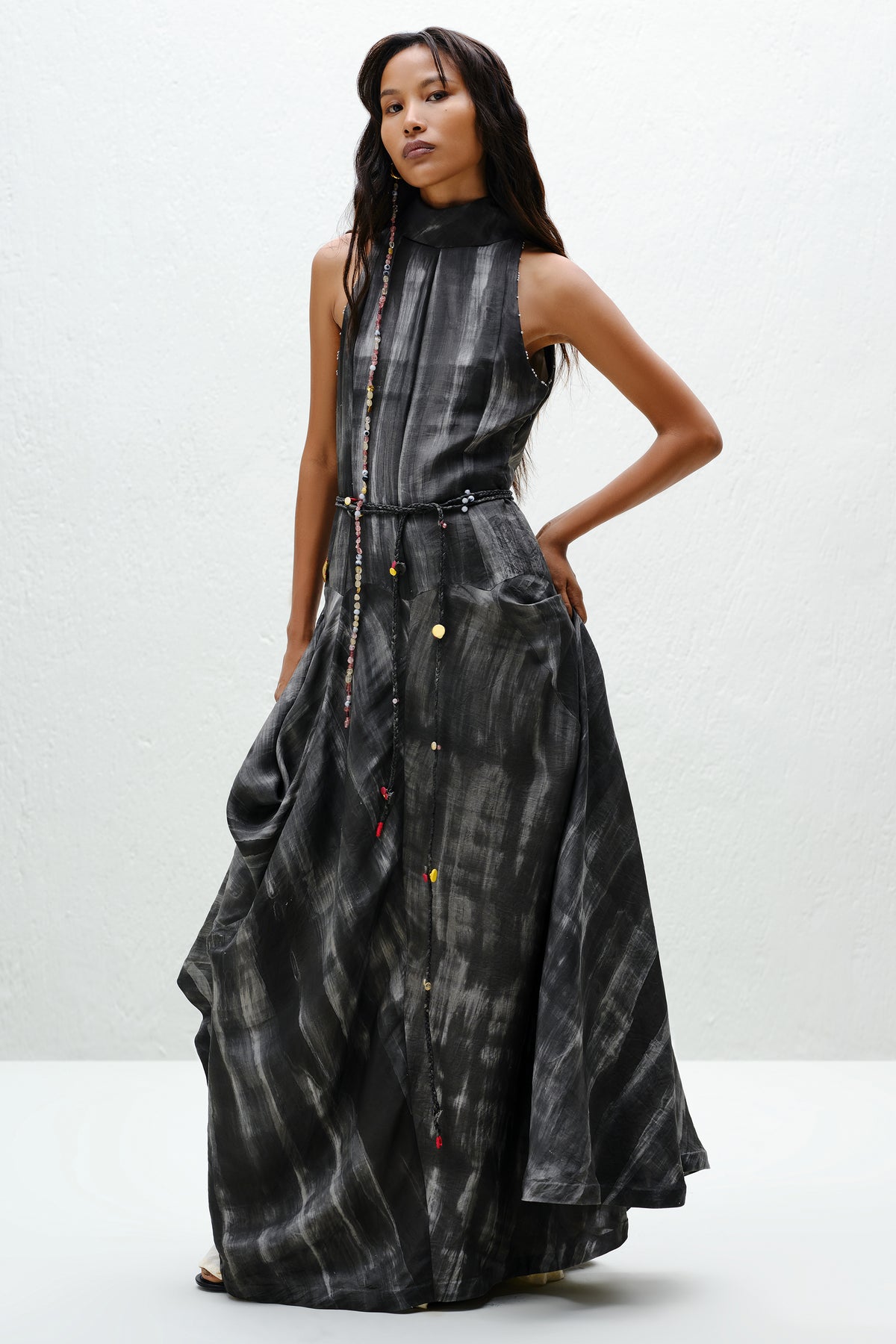 Hand-Painted Charcoal Long Halter Dress